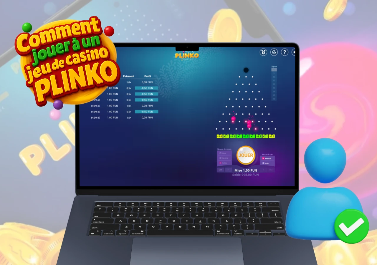 Guide visuel expliquant comment jouer à Plinko dans un casino, affiché sur écran d’ordinateur