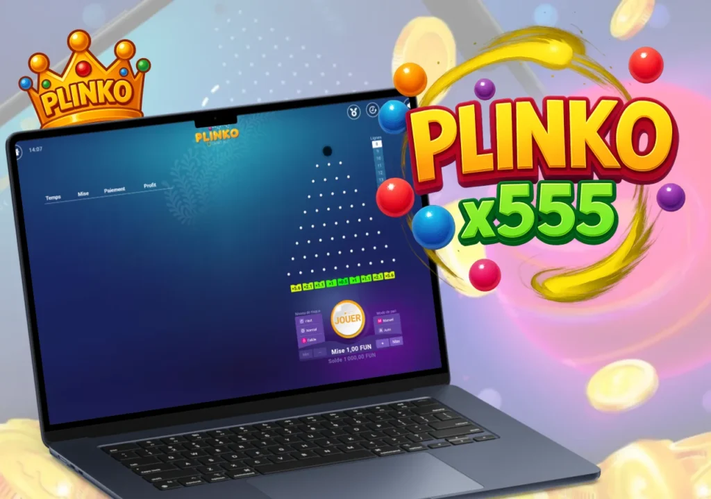 Plinko affichée sur un ordinateur portable avec multiplicateur de gains x555 animé