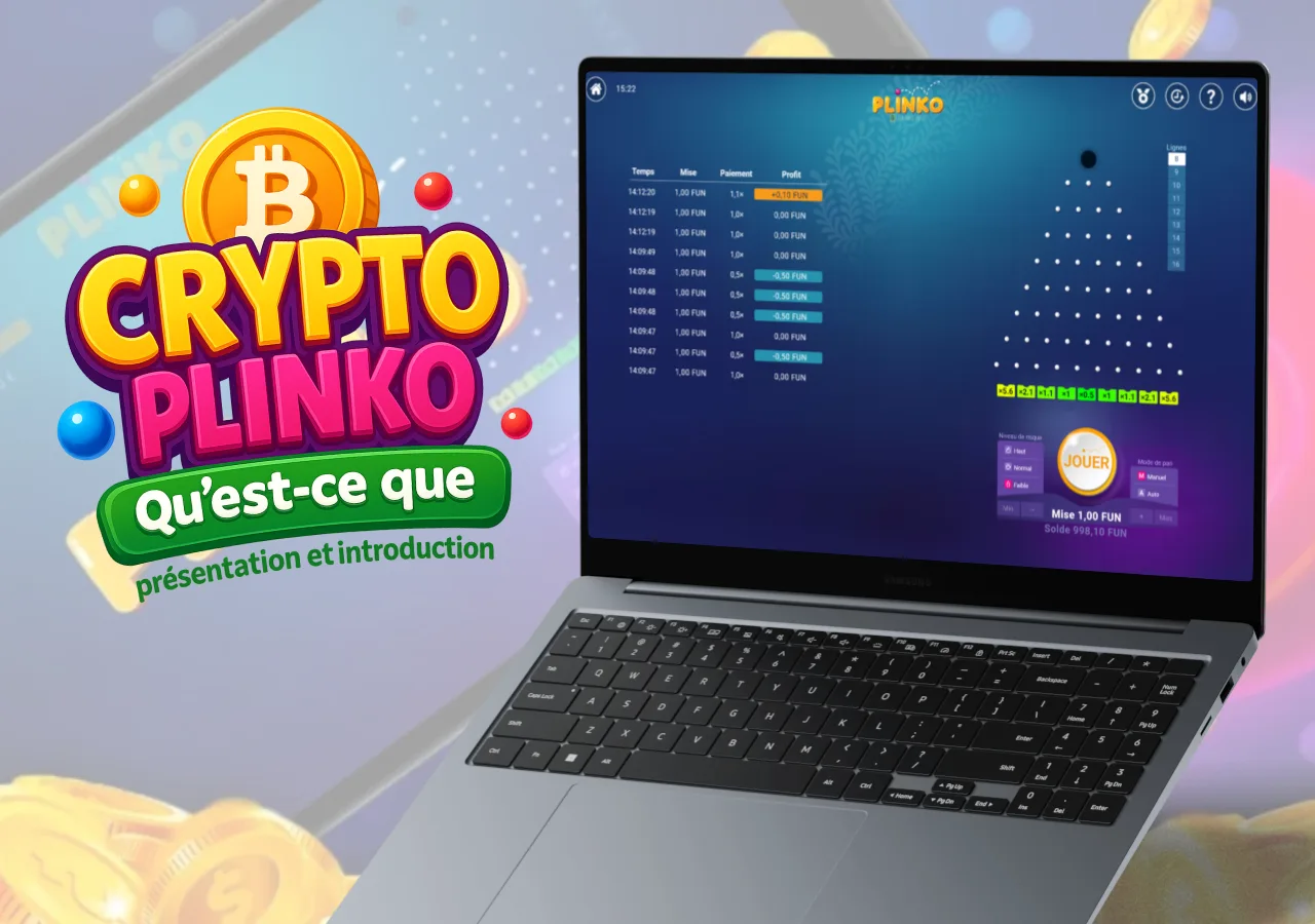 Présentation interactive de Crypto Plinko expliquant les règles et les options de mise.