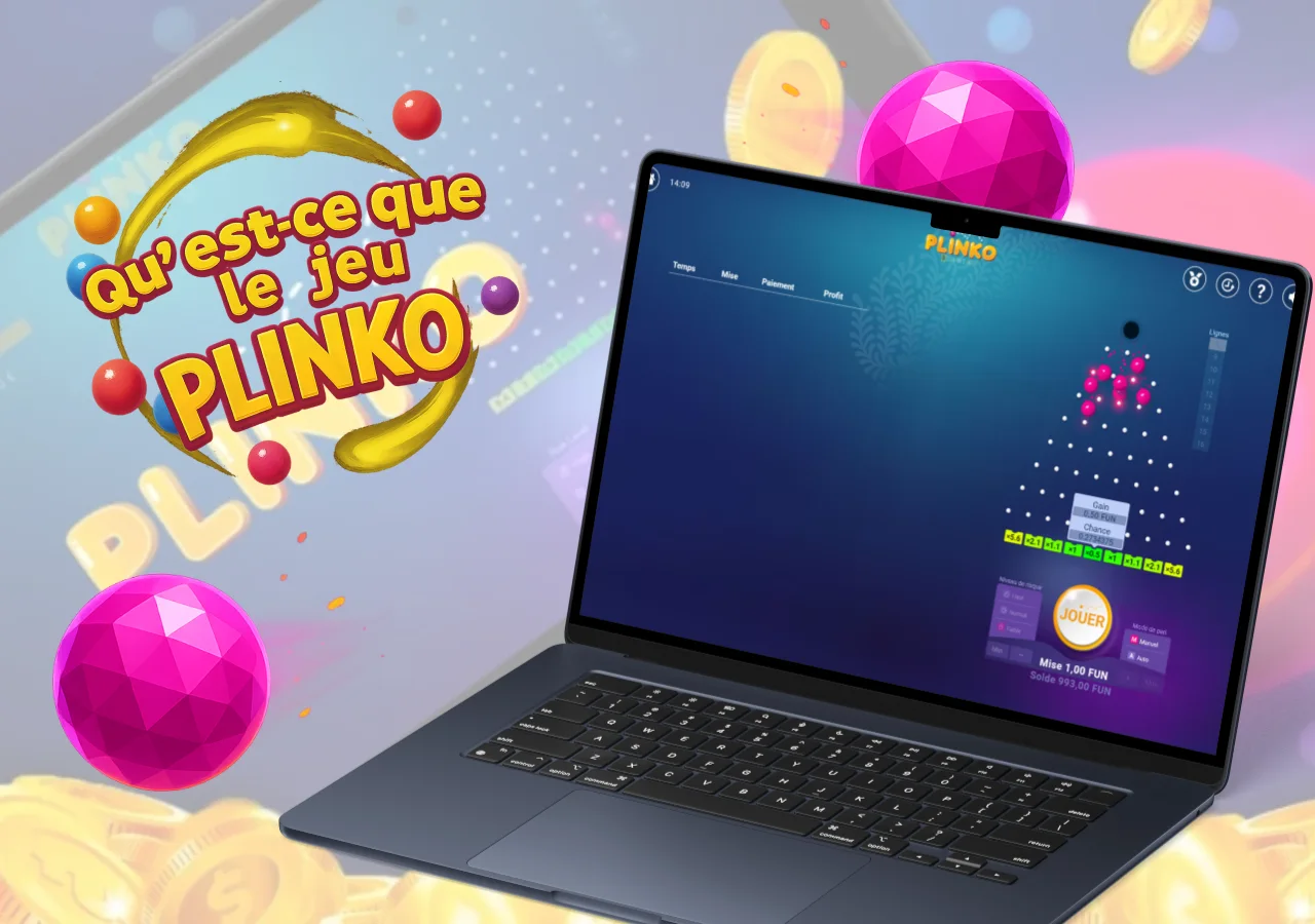 du jeu Plinko avec animation de bille rose et message explicatif à l’écran