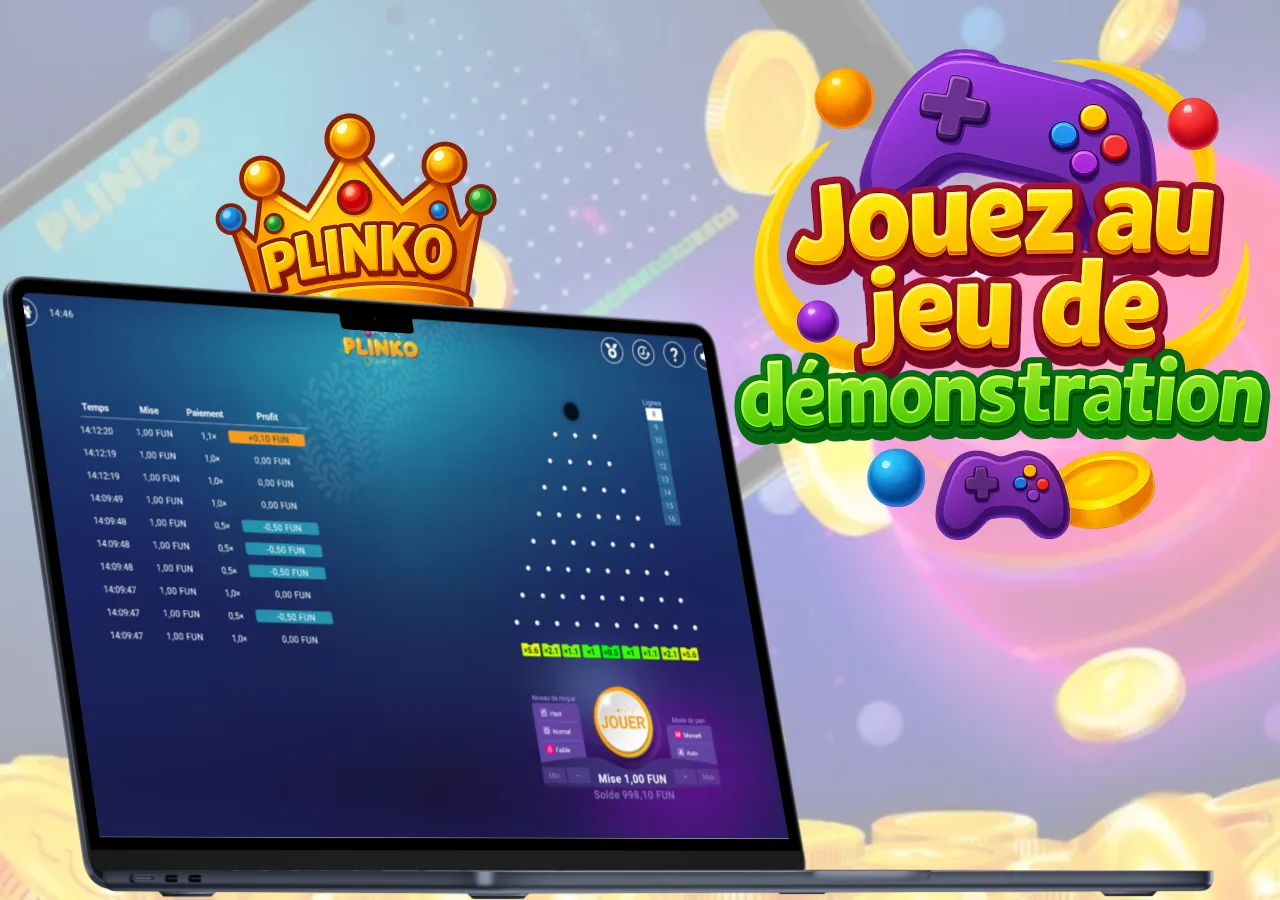 Ordinateur affichant le jeu Plinko en version démo avec invitation colorée à jouer gratuitement