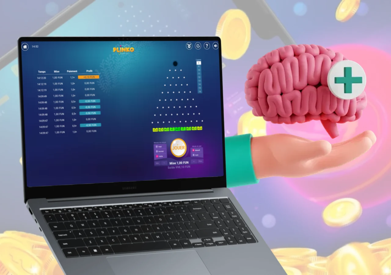 Illustration des aspects psychologiques du jeu Plinko avec un cerveau en 3D et un écran d’analyse de résultats