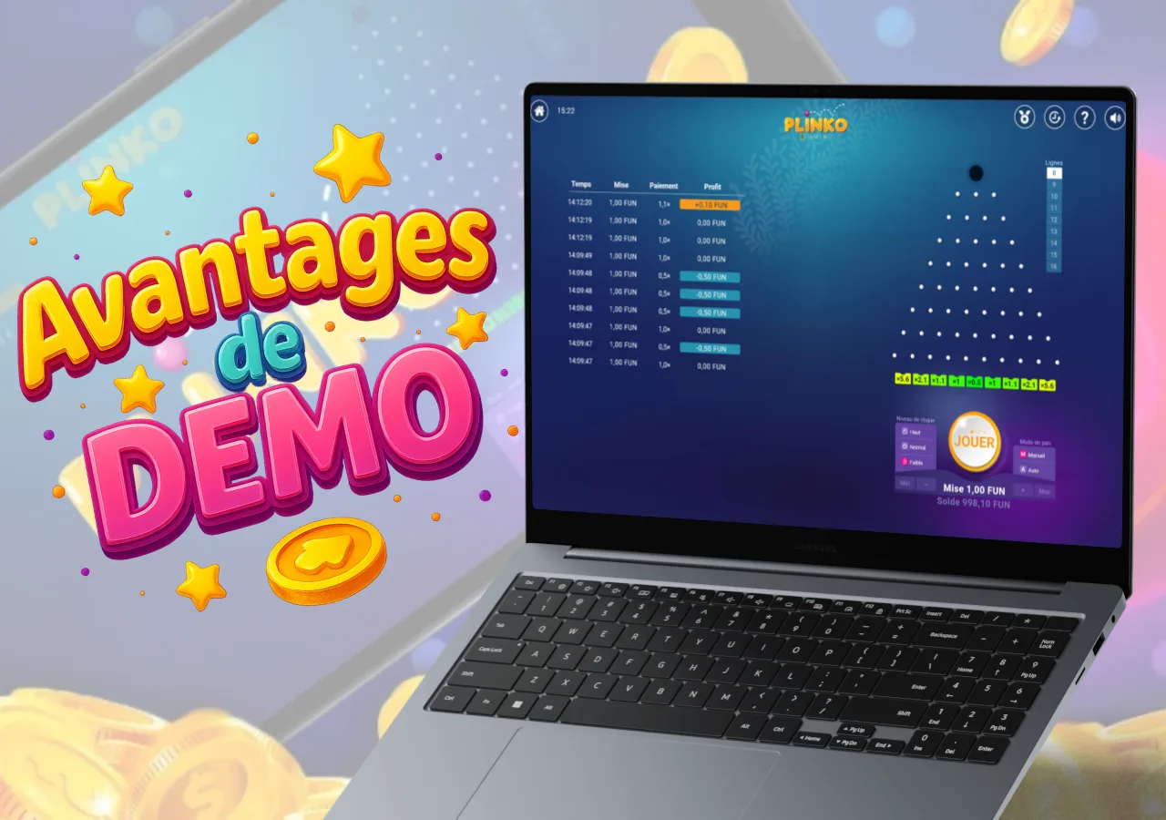 Liste des gains simulés du jeu Plinko sur écran, avec message sur les avantages du mode démo