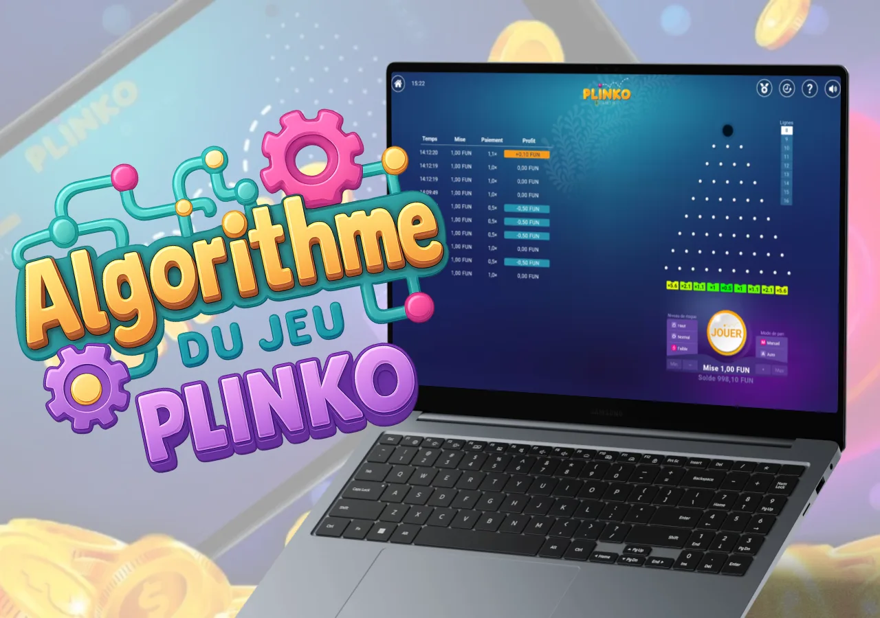 Explication de l’algorithme du jeu Plinko avec décor coloré et écran de session affichant les gains