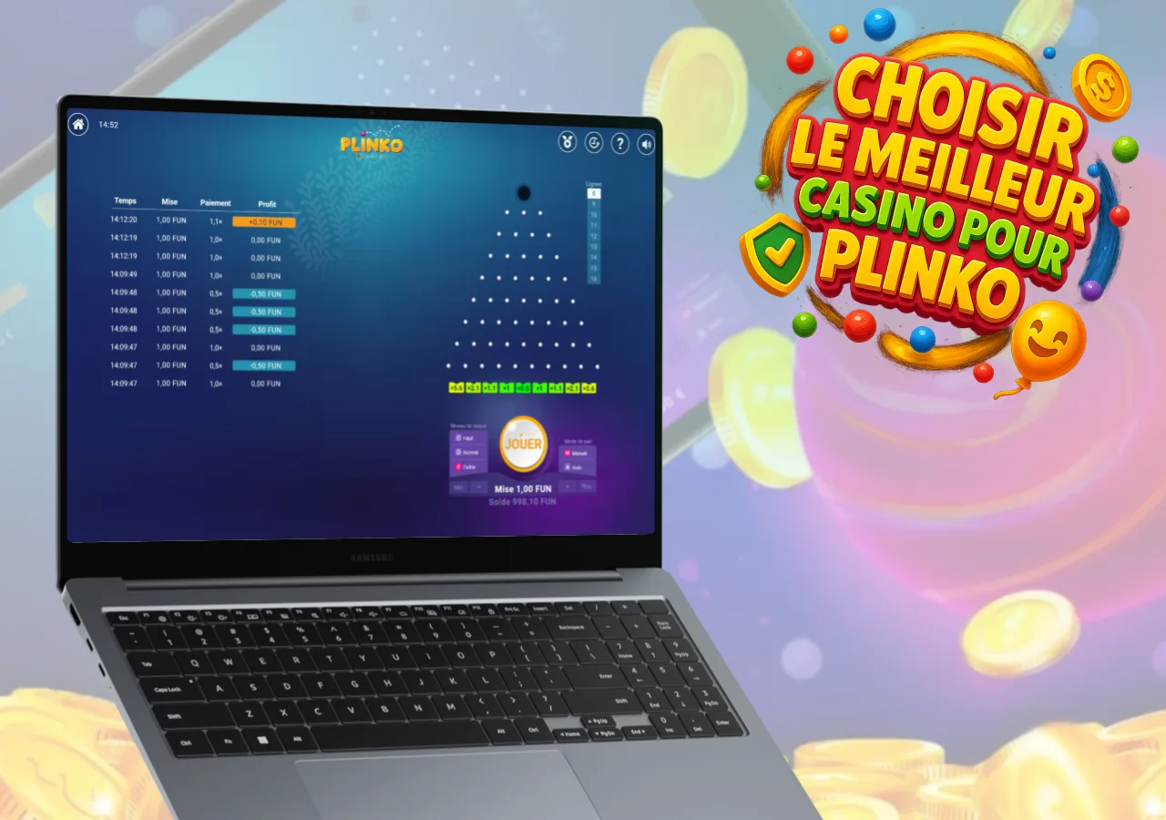 Interface Plinko sur ordinateur portable avec texte indiquant comment choisir un bon casino en ligne