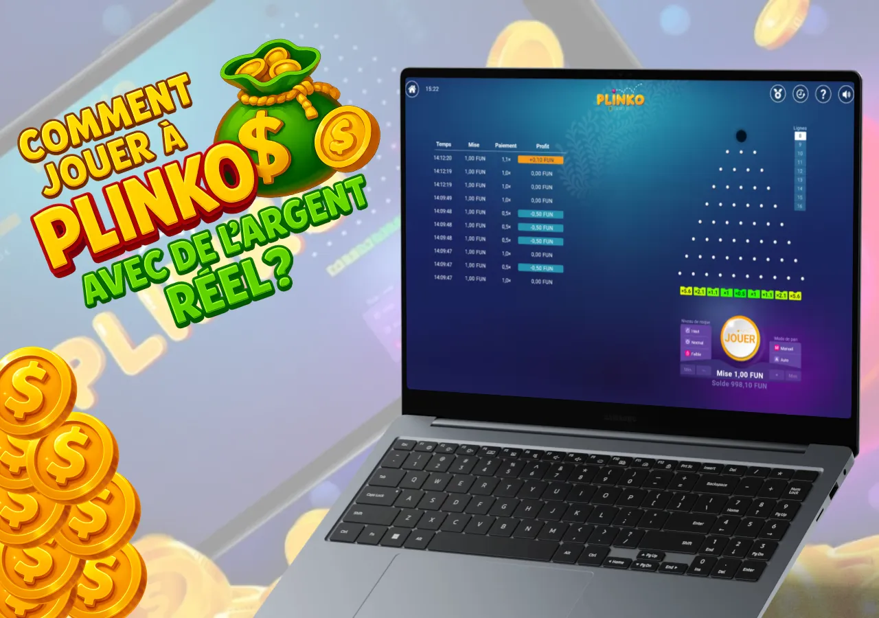 Plinko affichée avec texte sur comment jouer avec de l’argent réel et icône de pièces