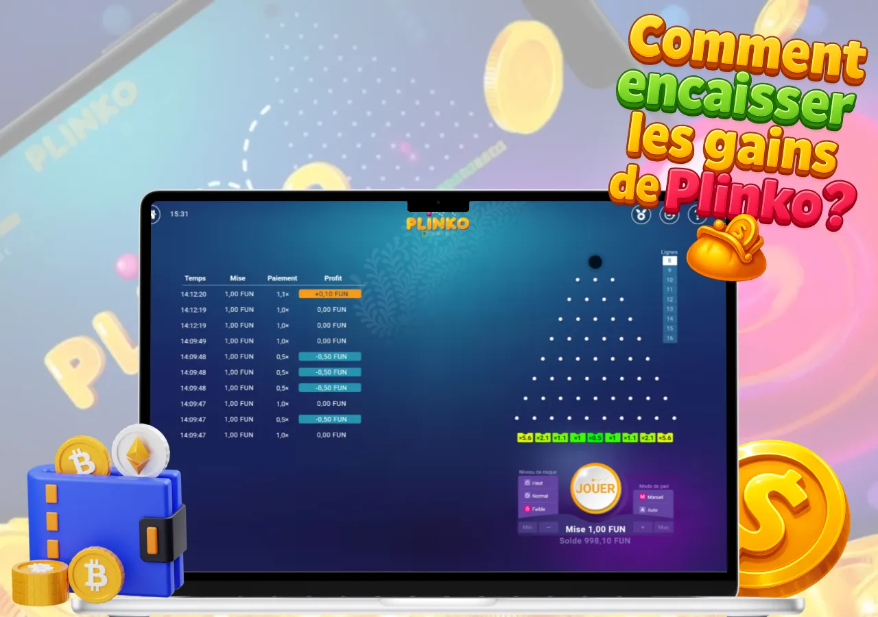 Plinko sur ordinateur avec question sur le retrait des gains et icône de portefeuille crypto