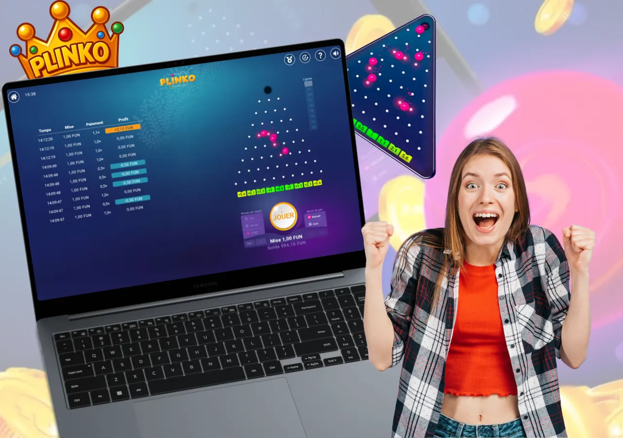 Femme joyeuse devant interface Plinko sur écran avec vue secondaire sur tablette et billes animées